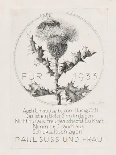 Paul Süss und Frau Für 1933 - Glückwunsch Radierung engraving bookplate