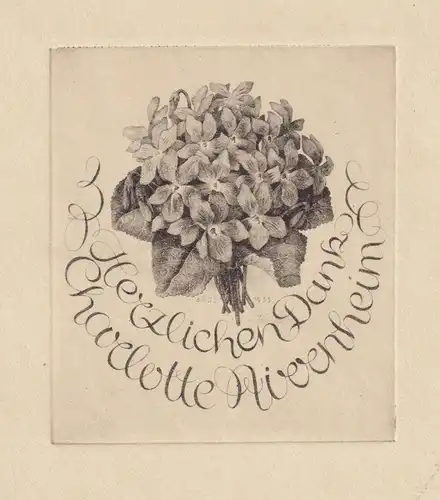 Herzlichen Dank Charlotte Nirrnheim  - Glückwunsch Radierung engraving bookplate Ex Libris