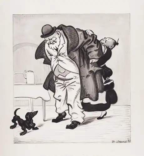 (Ein älterer Mann zieht seinen Mantel an) - Garderobe Mantel anziehen Haushälterin Dackel / caricature Karikat