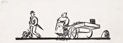Der Sündenfall- Marktfrau / Mann mit Hund / Äpfel / Adam und Eva / caricature Karikatur