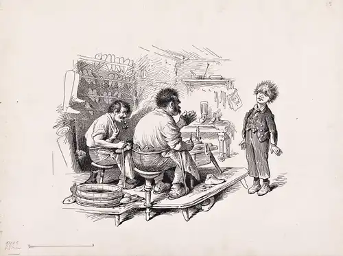 (Schuster / Werkstatt) - Schuhmacher Lehrling shoemaker apprentice / caricature Karikatur / Eine dicke Bedienu