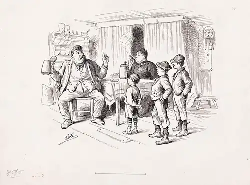 (Bauernstube) - Vater Sohn Söhne Belehrung / caricature Karikatur / Der Vater mit Bierkrug in der Hand macht e