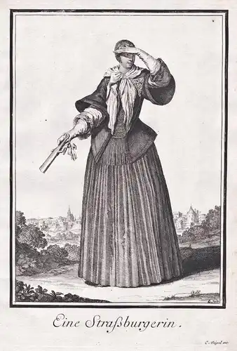 Eine Straßburgerin - Strasbourg Straßburg Dame Frau woman Trachten costumes gravure Kupferstich