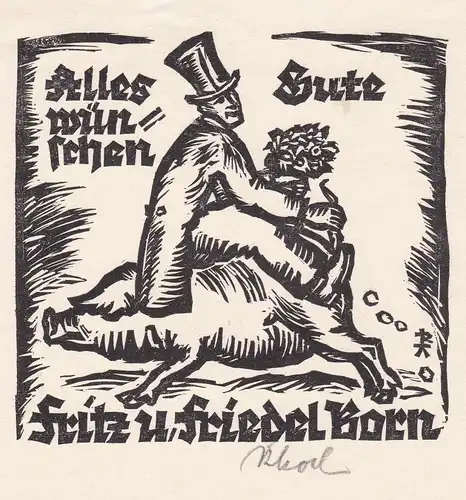 Alles Gute wünschen Fritz und Friedel Born - Exlibris Glückwunsch Glücksschwein Schwein Holzschnitt woodcut bo