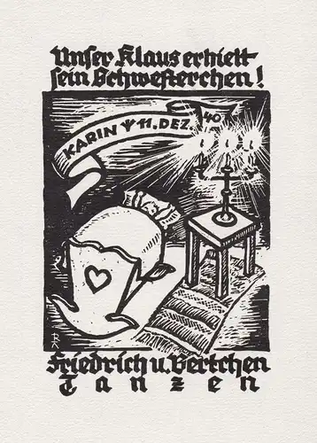 Unser Klaus erhielt sein Schwesterchen! Friedrich und Bertchen Tanzen - Exlibris Glückwunsch Geburt Holzschnit