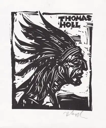 Thomas Holl - Exlibris Indianer Holzschnitt woodcut bookplate Ex Libris