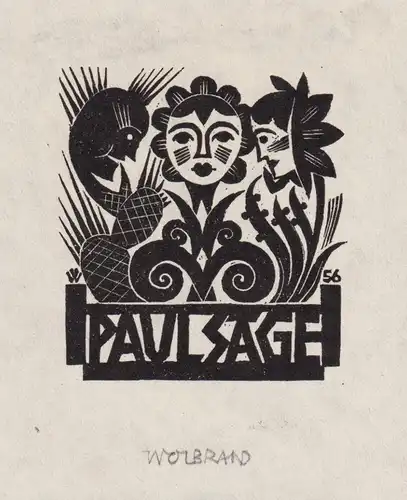 Paul Sage - Exlibris Blumen Holzschnitt woodcut bookplate Ex Libris