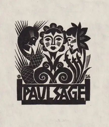 Paul Sage - Exlibris Blumen Holzschnitt woodcut bookplate Ex Libris