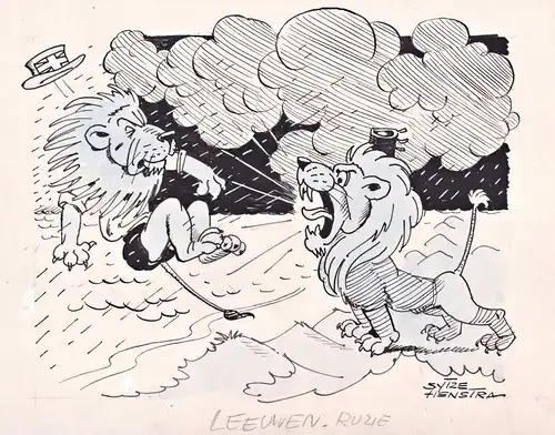 Leeuwen-Ruzie - Dutch lion drive out the English counterpart / Sport sports football Fußball / caricature Kari