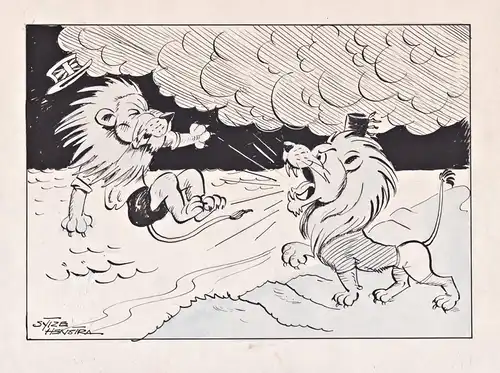 (Dutch lion drives out the English counterpart) - Sport sports football Fußball / caricature Karikatur