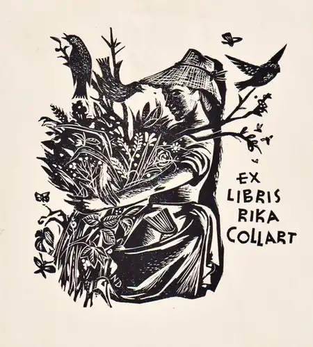 Ex Libris Rika Collart - Frau mit Vögel woman birds Exlibris ex-libris Ex Libris bookplate