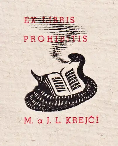 Ex Libris Prohibitis M.a J. L. Krejci - Schlange Buch snake book Exlibris ex-libris Ex Libris bookplate
