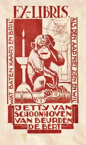 Ex Libris Jetty van Schoonhoven van Beurden de Bert - Affe ape Exlibris ex-libris Ex Libris bookplate