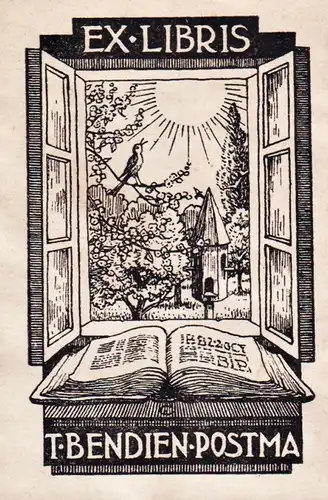 Ex Libris T. Bendien Postma - Buch Fenster Singvogel Garten book window bird garden Exlibris ex-libris Ex Libr