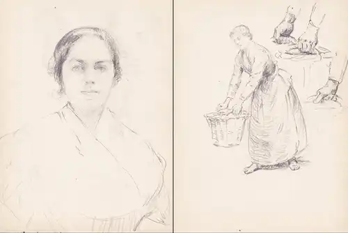 (Portrait of a woman; verso: woman with basket / Portrait einer Frau; Verso: Frau mit Korb) / Zeichnung dessin