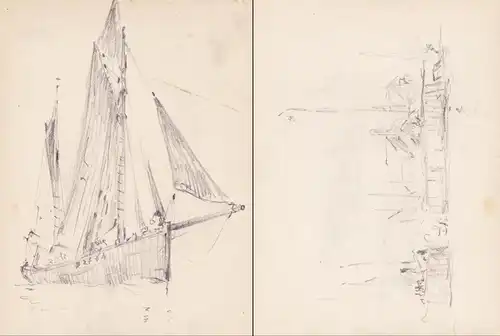 (Sailboat, verso: sketch of a harbor / Segelboot, Verso: Skizze eines Hafens) / Zeichnung dessin drawing / Mar