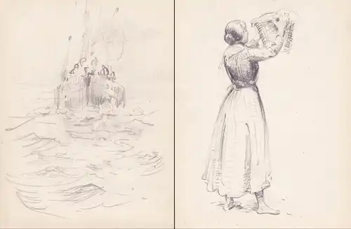 (Sketch of sailboat; verso: sketch of a woman lifting a basket / Skizze eines Segelbootes; Rückseite: Skizze
