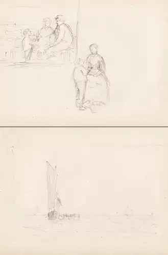 (Two family scenes, Verso: sketch of ships at sea / Zwei Familienszenen, Verso: Skizze von Schiffen auf See) /
