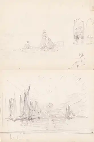 (Skizze eines Sonnenaufgangs über dem Meer; Verso: Skizze einer Familie am Strand / Sketch of a sunrise at se