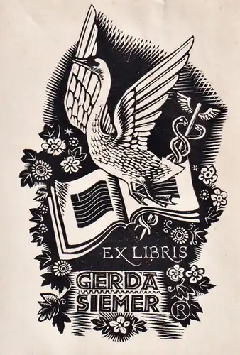 Ex Libris Gerda Siemer - Schwan Äskulapstab Exlibris ex-libris Ex Libris bookplate