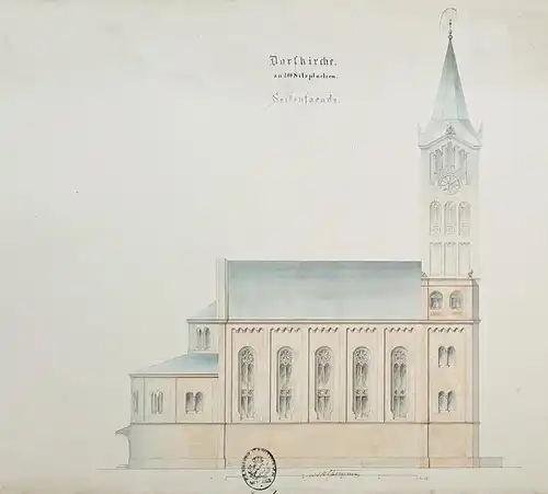 Dorfkirche zu 200 Sitzplaetzen / Seitenfacade - Kirche church Facade / Zeichnung drawing / Architektur archite