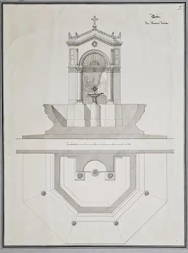 Motto: Im Frieden Freude - Entwurf für einen Brunnen / Zeichnung drawing / Architektur architecture