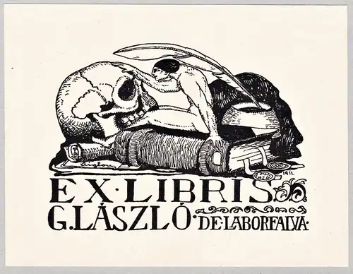 Ex Libris G. Laszlo de Laborfalva - Totenkopf skull Ungarn Hungary Exlibris ex-libris Ex Libris bookplate