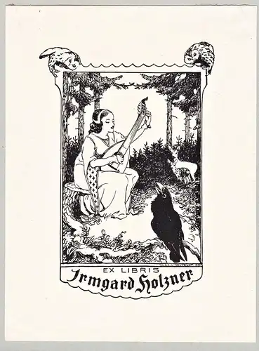 Ex Libris Irmgard Holzner - Eule owl Vögel birds Exlibris ex-libris Ex Libris bookplate