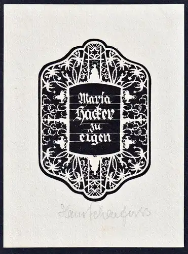 Maria Hacker zu eigen - Scherenschnitt papercutting Schattenriß silhouette Exlibris ex-libris Ex Libris bookp