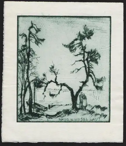 Hans u. Liesel Laut - Bäume Liebespaar trees lovers Exlibris ex-libris Ex Libris bookplate