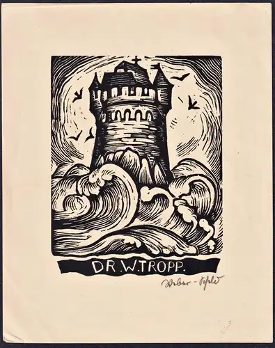 Dr. W. Tropp - Burg turm Sturm castle tower storm Exlibris ex-libris Ex Libris bookplate