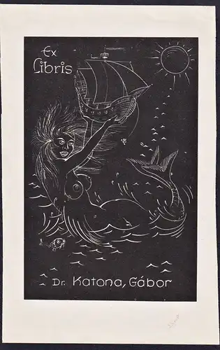 Ex Libris Dr. Katona Gabor - Meerjungfrau Mermaid Nixe Akt nude Exlibris ex-libris Ex Libris bookplate