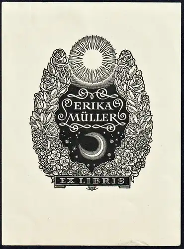 Erika Müller - Mond Sonne Rose moon sun Exlibris ex-libris Ex Libris bookplate