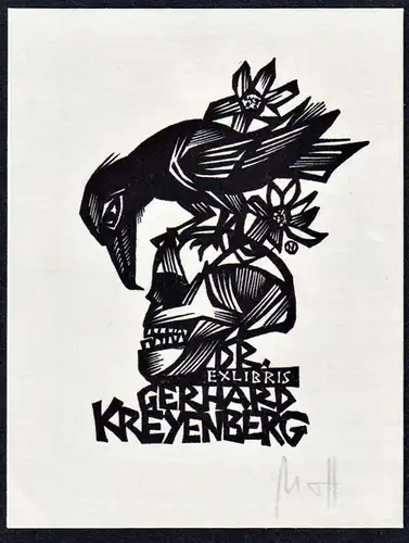 Ex Libris Gerhard Kreyenberg - Totenkopf skull Vogel bird Exlibris ex-libris Ex Libris bookplate