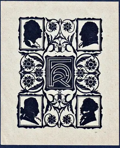 (Hugo Krafft) - Eigenexlibris Goethe Schiller Scherenschnitt papercutting Schattenriß Exlibris ex-libris Ex L