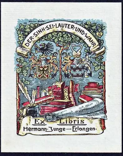 Ex Libris Hermann Junge Erlangen - Exlibris ex-libris Ex Libris armorial bookplate Wappen coat of arms