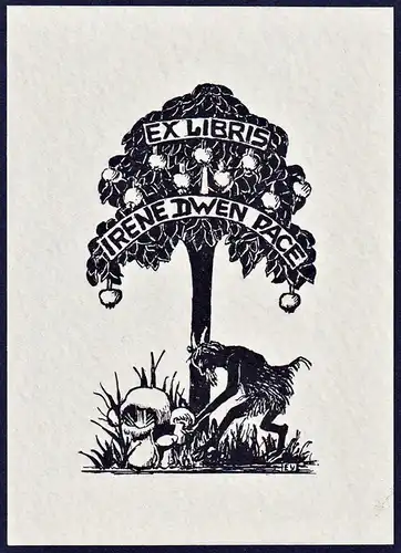Irene Dwen Pace - Satyr Apfelbaum apple tree Granatapfelbaum Pomegranate tree Exlibris ex-libris Ex Libris boo
