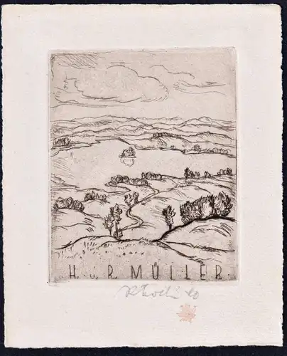 H. u. R. Müller - Landschaft landscape Exlibris ex-libris Ex Libris bookplate