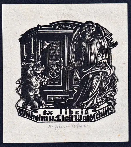 Ex Libris Wilhelm u. Liesl Waldschütz - Engel angel Putto Exlibris ex-libris Ex Libris bookplate