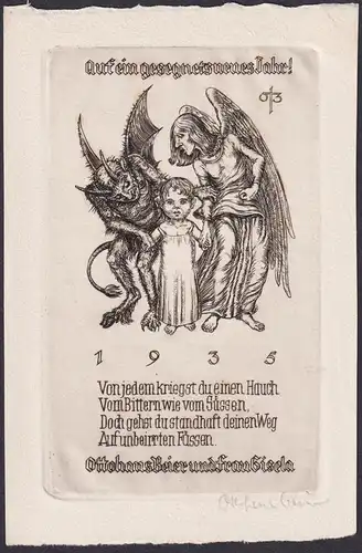 auf ein gesegnets neues Jahr 1935 - Neujahresgruß Neujahr Engel Teufel Kind Kupferstich engraving