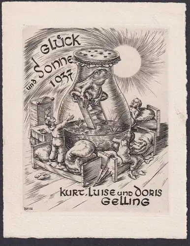 Glück und Sonne 1937 - Kurt, Luise und Doris Gelling Neujahresgruß Neujahr Kupferstich engraving