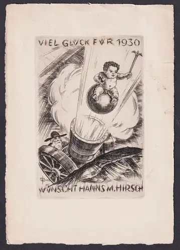 Viel Glück für 1930 - Neujahresgruß Neujahr Kanone Kind Kupferstich engraving