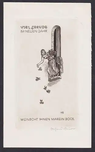 Viel Freude im Neuen Jahr wünscht ihnen Marein Bock - Neujahresgruß Blume Fenster Balkon Kupferstich engravi