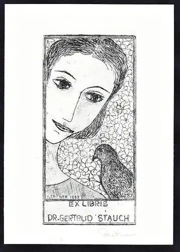 Ex Libris Dr. Gertrud Stauch - Vogel Portrait Taube bird pigeon Exlibris ex-libris Ex Libris bookplate