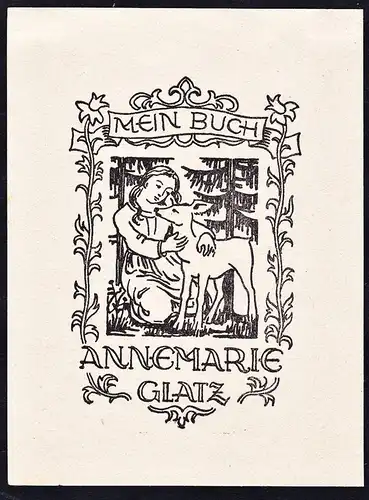 Annemarie Glatz - Reh deer Zicklein Mädchen Exlibris ex-libris Ex Libris bookplate
