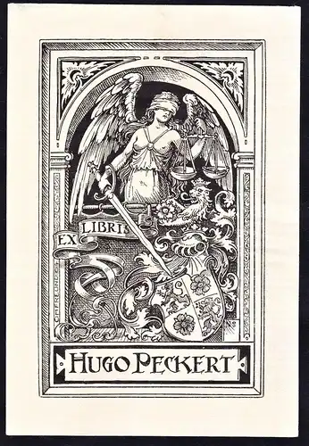 Ex Libris Hugo Peckert - Wappen Justitia Recht Jura law right Exlibris ex-libris Ex Libris armorial bookplate