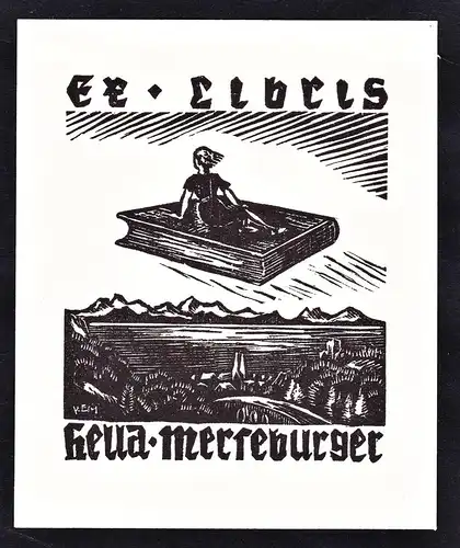 Ex Libris Hella Merseburger - Buch fliegen Exlibris ex-libris Ex Libris bookplate