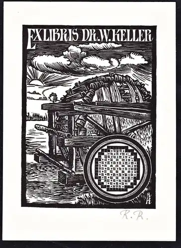 Ex Libris Dr. W. Keller - Mühle mill Mühlrad exlibris ex-libris Ex Libris bookplate