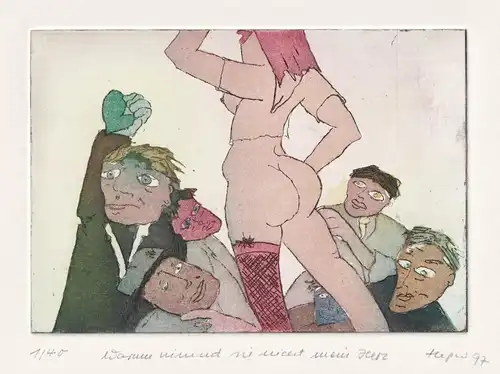 Warum nimmt ni nicht mein Herz (Erotic caricature of a nude women and several men around her) - Akt nude / Kar