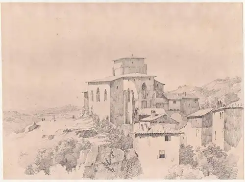 Ortsansicht mit Kloster village monastery France Frankreich Schweiz Suisse Italien Italy Italia Zeichnung draw